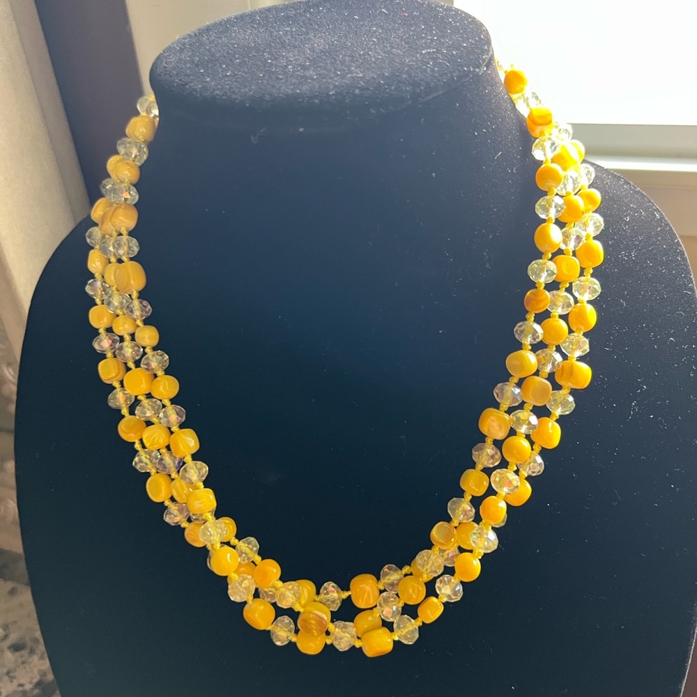 Yellow Glass Beads 3 Strands Necklace